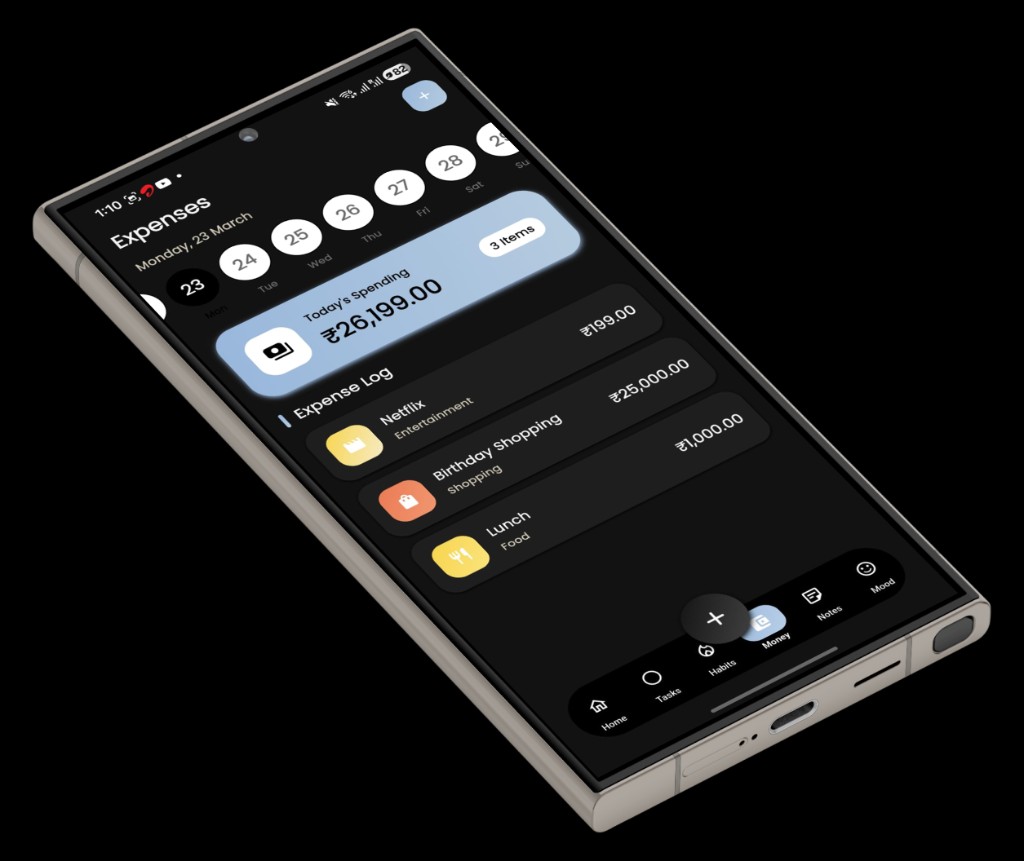 Expenses screen with spending summary