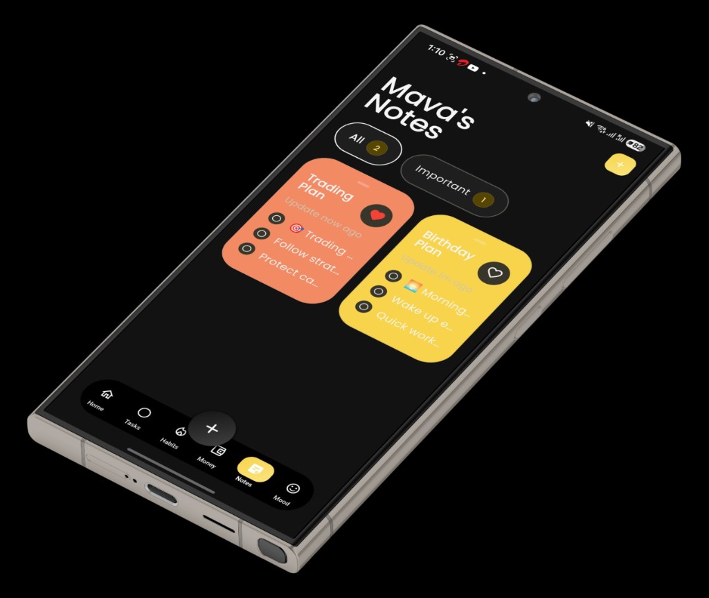 Notes screen with colourful note cards