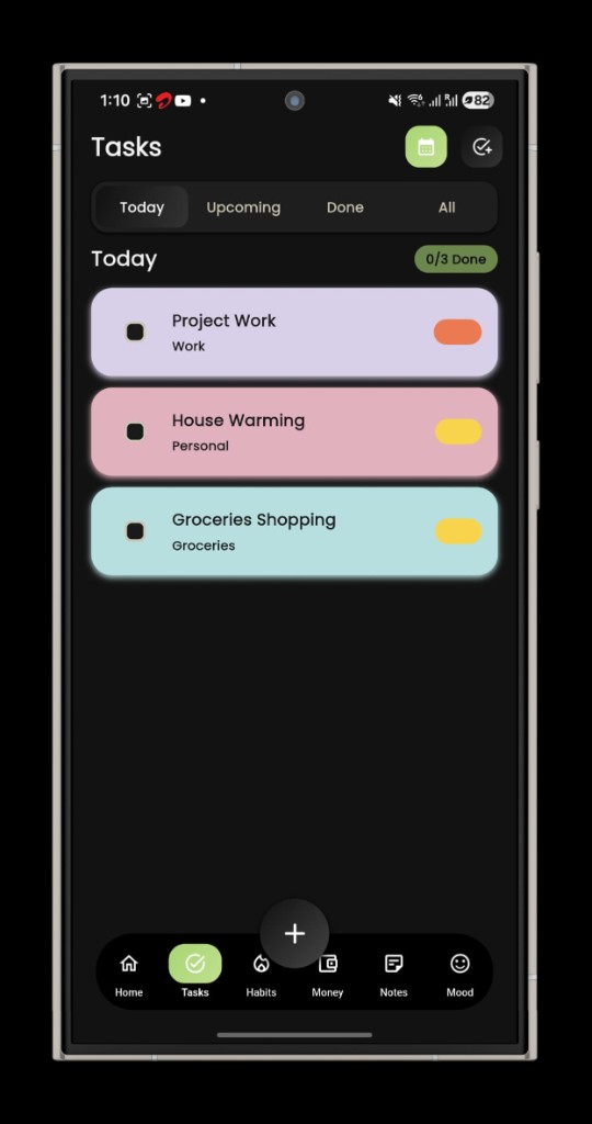Tasks screen with colourful cards and filters